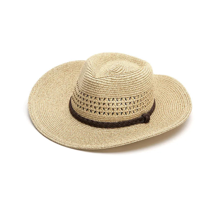 Men's foldable straw sun hat with wide brim in mixed beige colour, shown in folded and unfolded positions