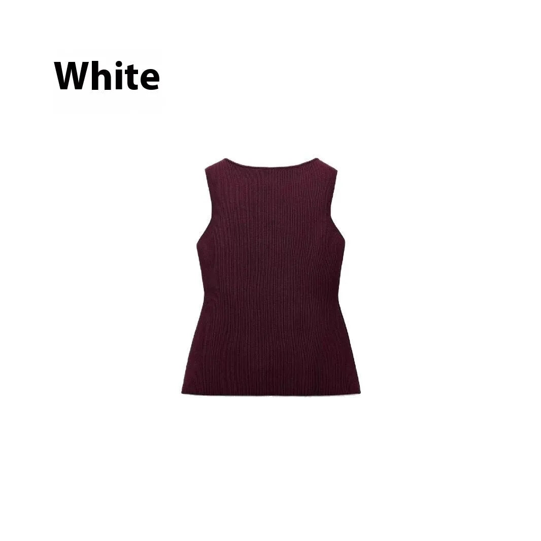 Dark red women's slim-fit viscose sweater vest with a 3D pattern, shown on a hanger.