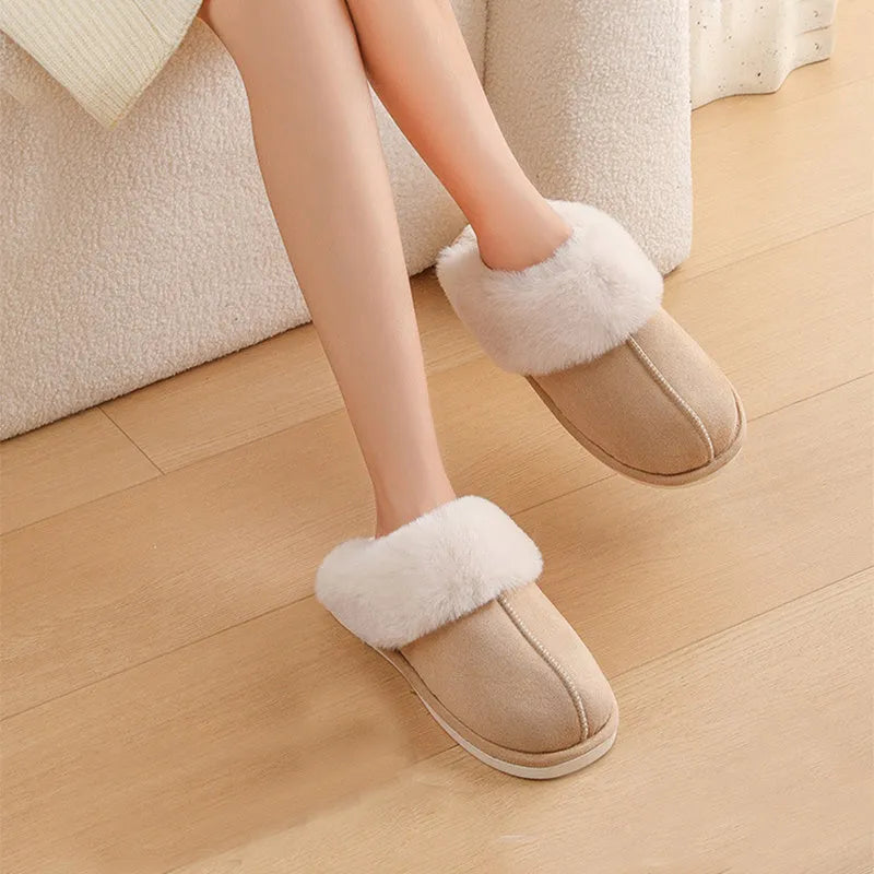 Women's brown plush indoor slippers with round toe, flat heel, and non-slip sole.