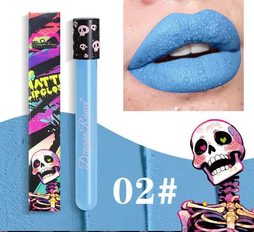 Halloween skull test tube containing matte gold or silver lip gloss for creative makeup.