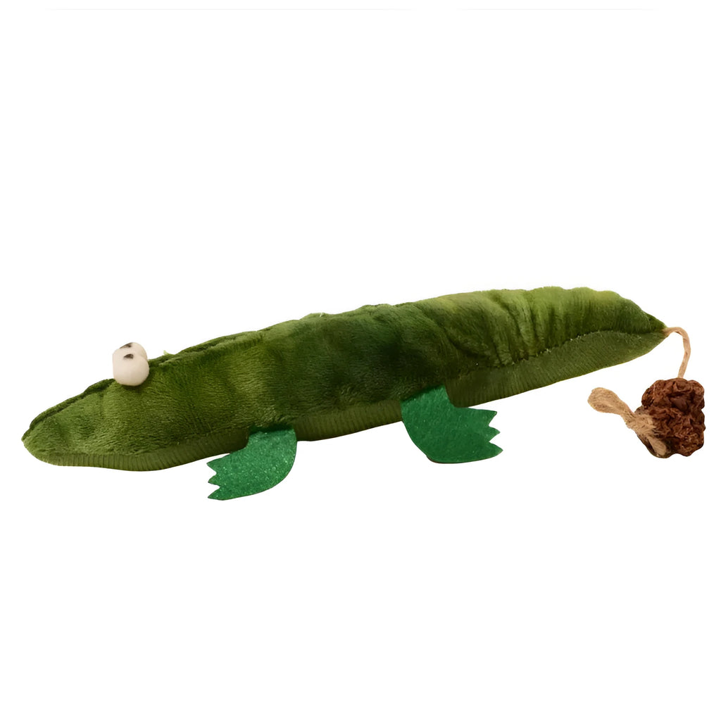 Green plush alligator cat toy with plant-based catnip and peppermint scent for oral cleansing and stress relief
