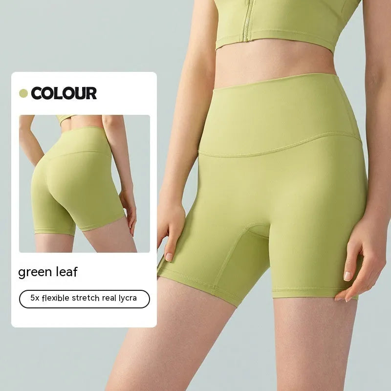 Women's leaf green Lycra yoga shorts with high waist belly control design