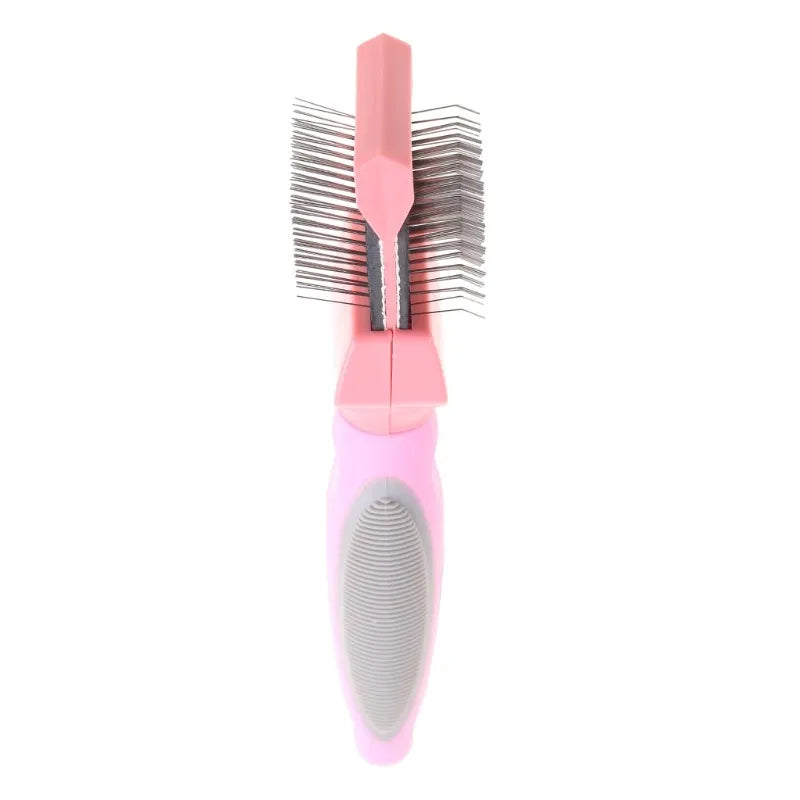 Blue double-sided dog grooming brush with stainless steel pins and ergonomic non-slip handle on a white background.