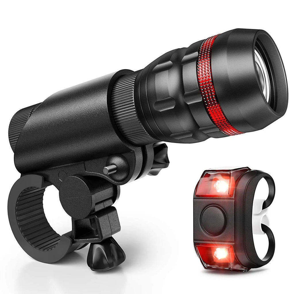 Bicycle headlight and taillight set with universal mounting bracket on handlebars.