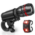 Bicycle headlight and taillight set with universal mounting bracket on handlebars.
