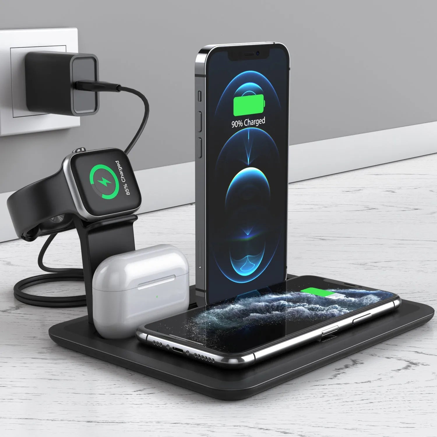 Black wireless charging desktop station holding a mobile phone, with ports for watch and headphones.