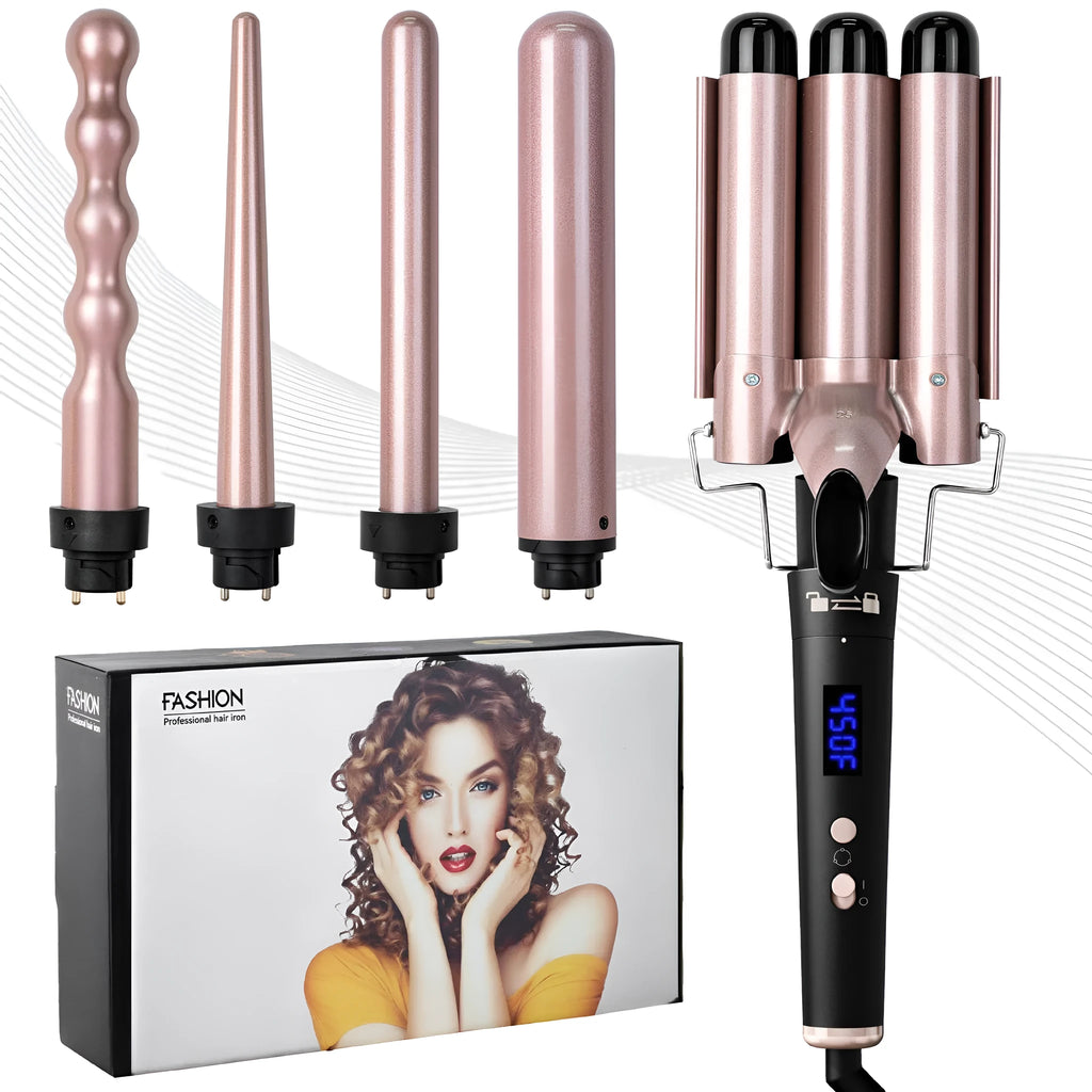 Rose gold hair curler with LCD display, replacement tubes, and heat-resistant gloves on a table.