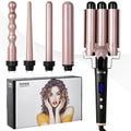 Rose gold hair curler with LCD display, replacement tubes, and heat-resistant gloves on a table.