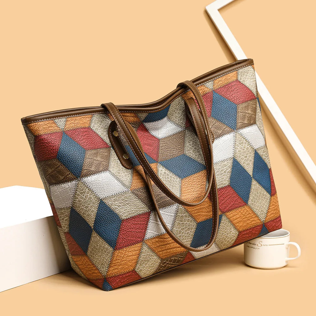 Women's blue brown PVC shoulder bag with sandwich pocket design for business and leisure use