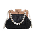 Women's straw woven shoulder bag with pearl chain detail in horizontal square shape