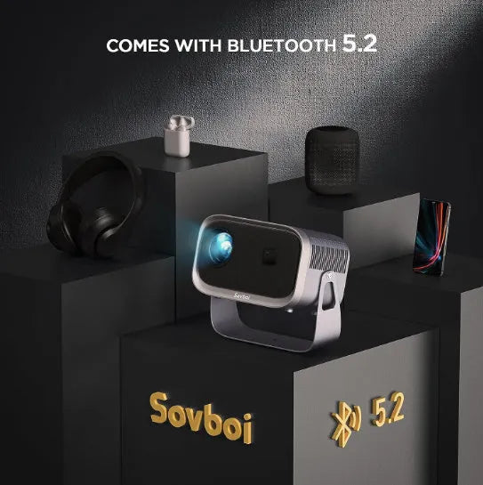 Android 4K Full HD smart projector unit displaying a high-definition movie scene on a wall.