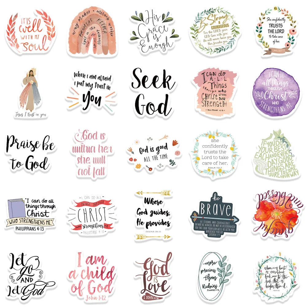Assortment of 50 printed graffiti stickers on a sheet, showing various street art designs.