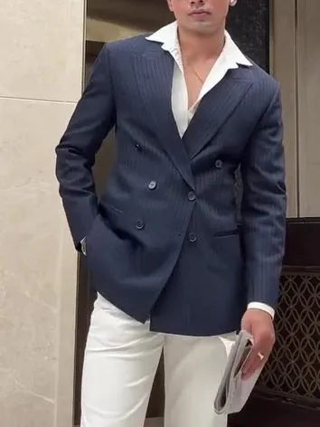 Men's classic striped double-breasted blazer on a hanger, regular fit.