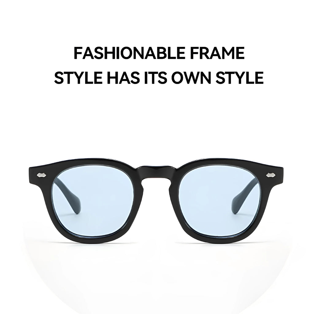 Simple round rim retro sunglasses on a plain background showing bright black frame with blue lenses.