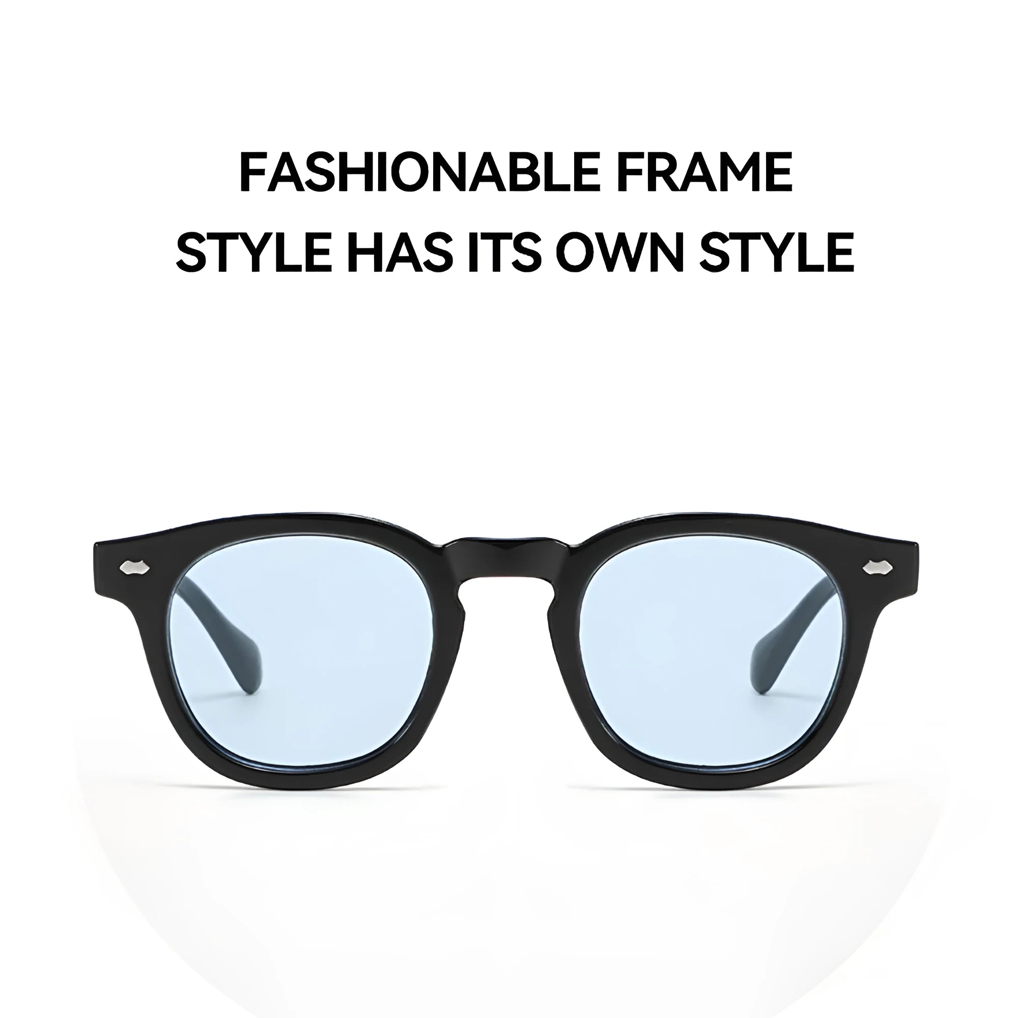 Simple round rim retro sunglasses on a plain background showing bright black frame with blue lenses.