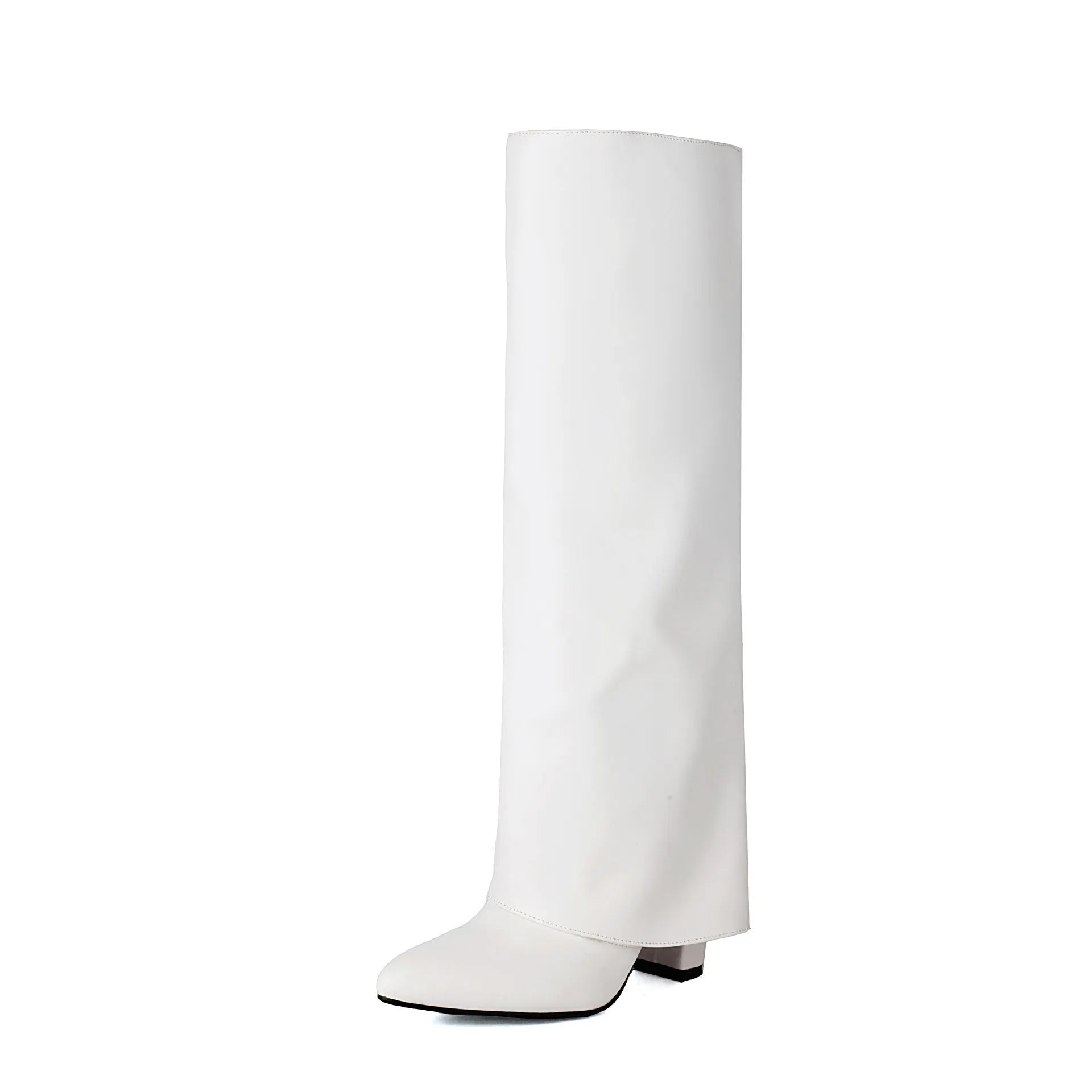 Women's black thick high heel ankle boots with sewing line detail on a white background