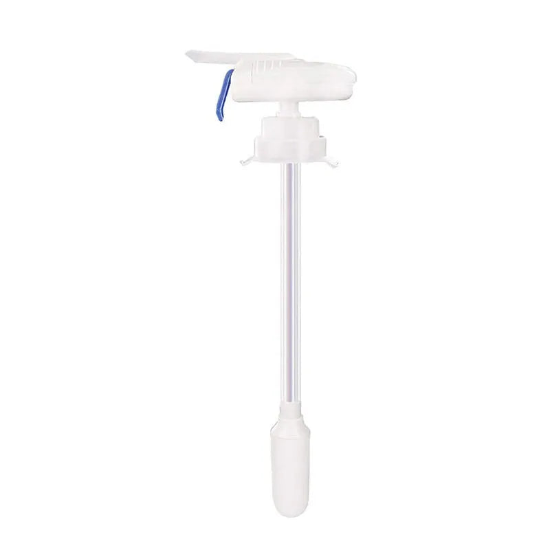 Electric pumping water device with blue press handle and long silicone straw for transferring milk and juice.