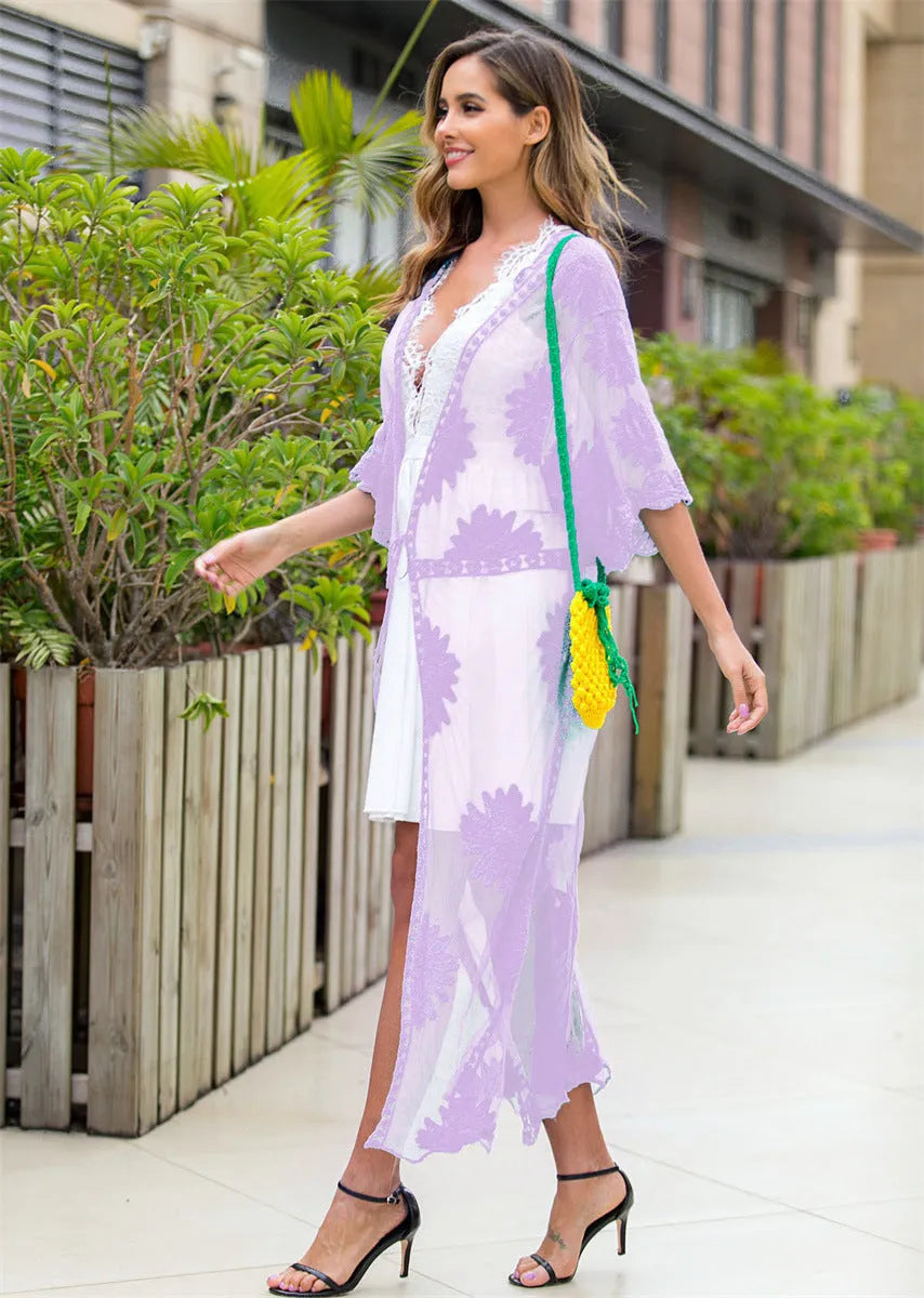 Light purple women's beach dress cardigan with lace embroidery detail.