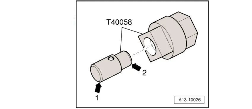 Aodi T40058 crankshaft rotating sleeve timing tool with adapter showing directional arrows and diameter variations