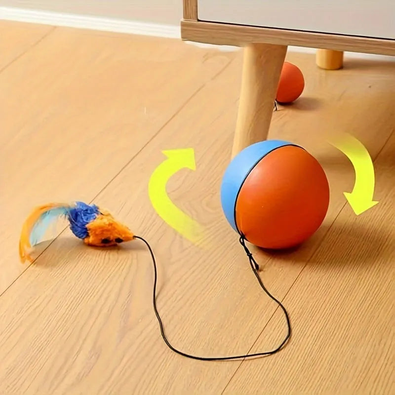 Blue and orange interactive cat toy ball with plush mouse attachment measuring 8.5cm