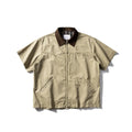 Men's washed cotton overalls shirt with short sleeves in khaki colour, loose fit cardigan style