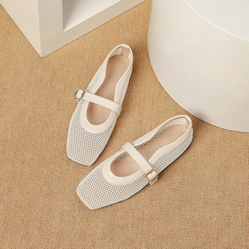 Women's beige mesh summer pumps with a square toe and silver buckle closure on a flat beef tendon sole.