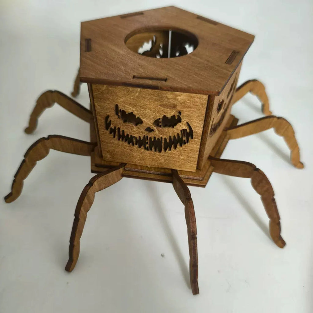 Wooden Halloween spider lantern candlestick decoration measuring 21cm by 8.5cm