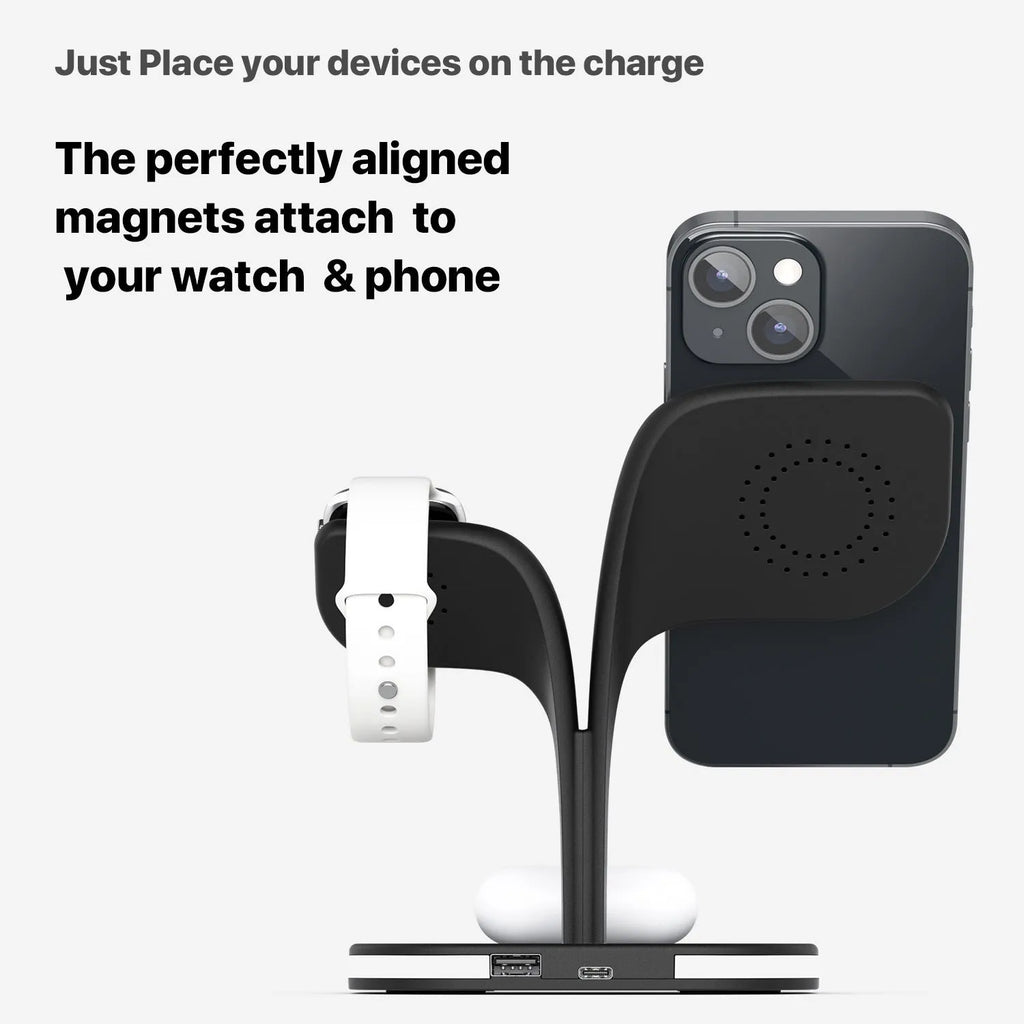 Three-device wireless charging station for phone, watch and headphones on desktop