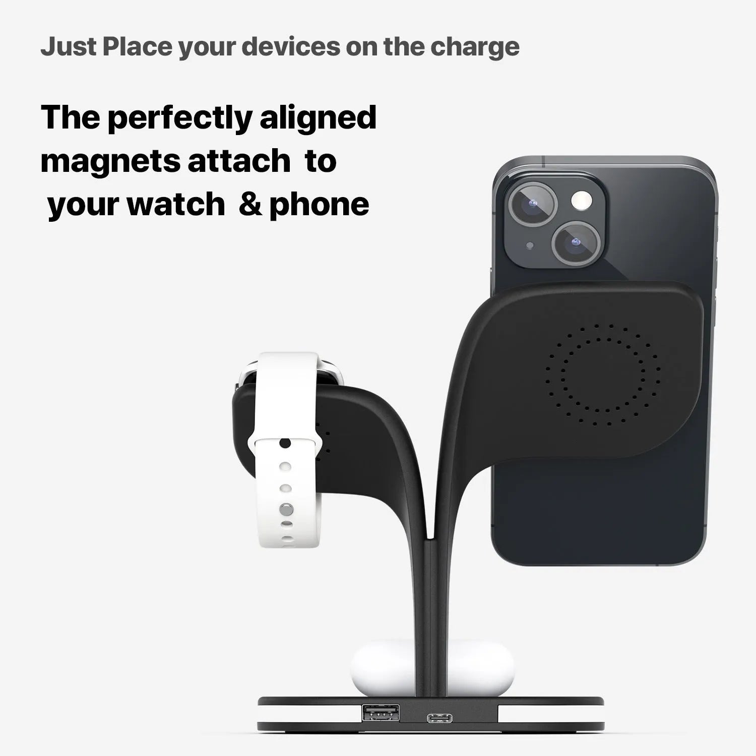 Three-device wireless charging station for phone, watch and headphones on desktop