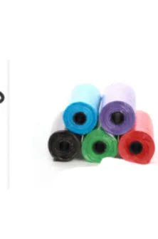 Set of five coloured dog waste poop bags showing black, blue, red, green, pink, and purple options.