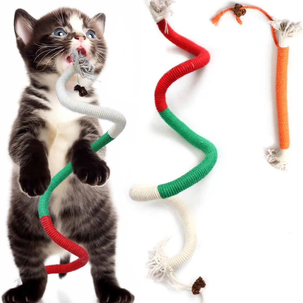70cm cotton bite rope cat toy in three colour combinations: purple, orange, and red with green