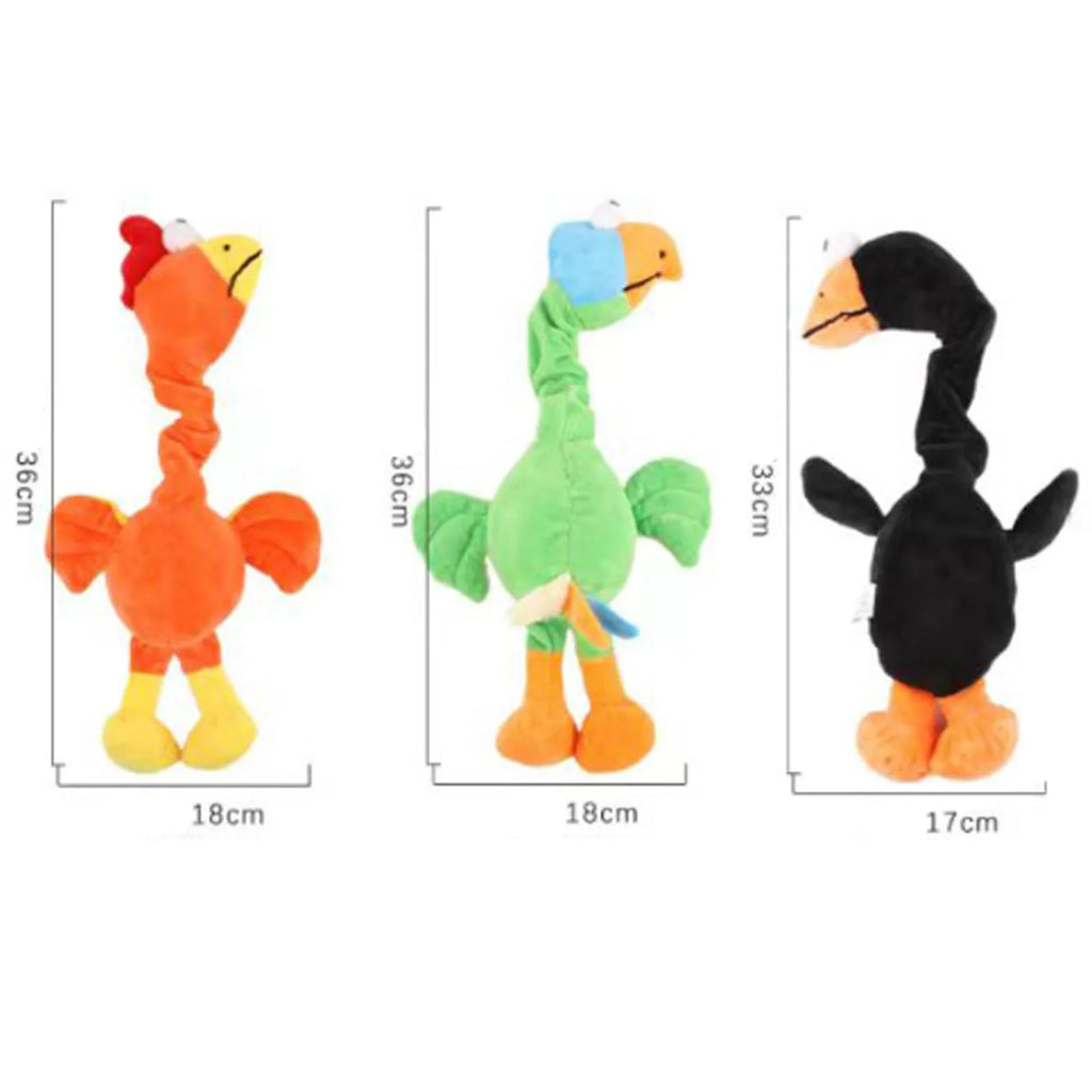 Black screaming chicken sound dog toy with bite-resistant chew texture next to green and orange versions.