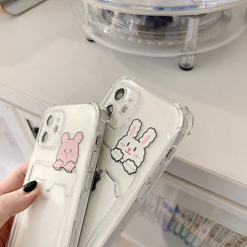 Transparent cartoon printed iPhone case with card holder slot on back