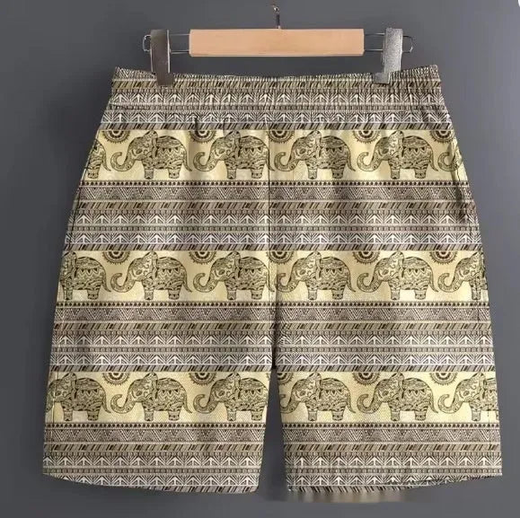Men's casual polyester shorts in a camouflage pattern, shown in a relaxed outdoor setting.