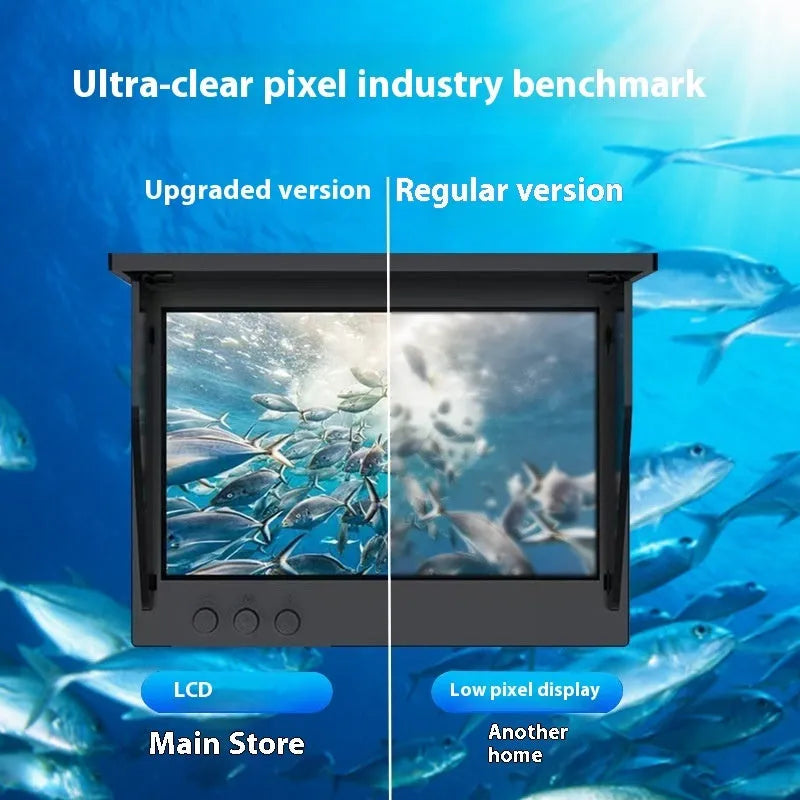 Fish finder underwater camera with 4.3-inch screen showing underwater view, night vision lights, and choice of cable lengths.