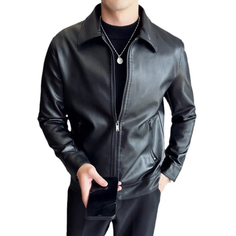 Men's solid black PU leather casual jacket with zipper pockets on a model