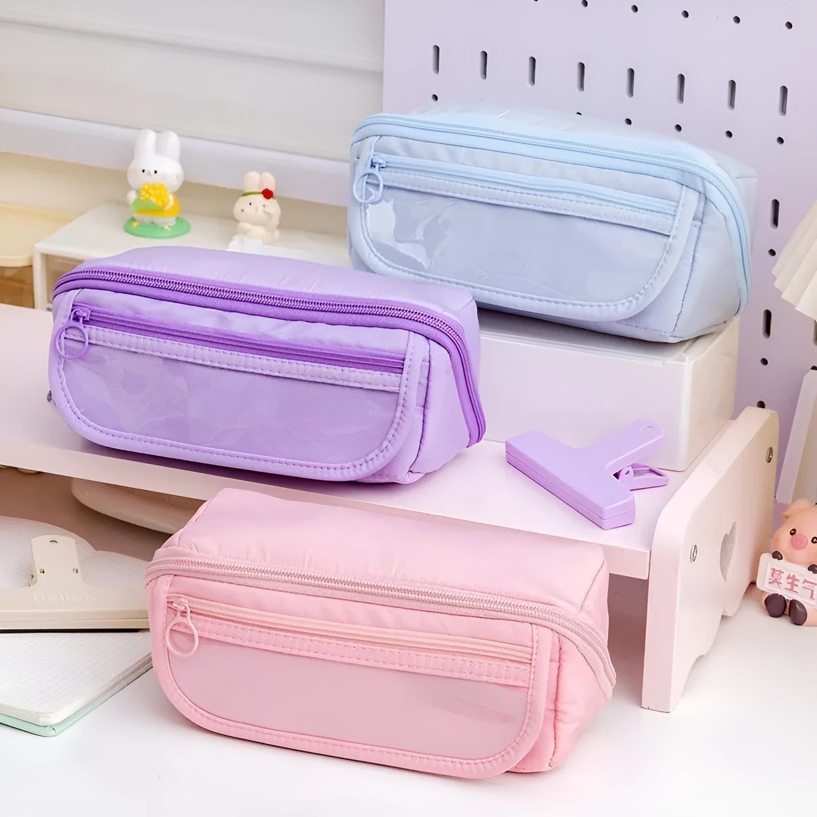 Korean-style ten-layer flip pencil case in canvas, shown in one of six available colours.