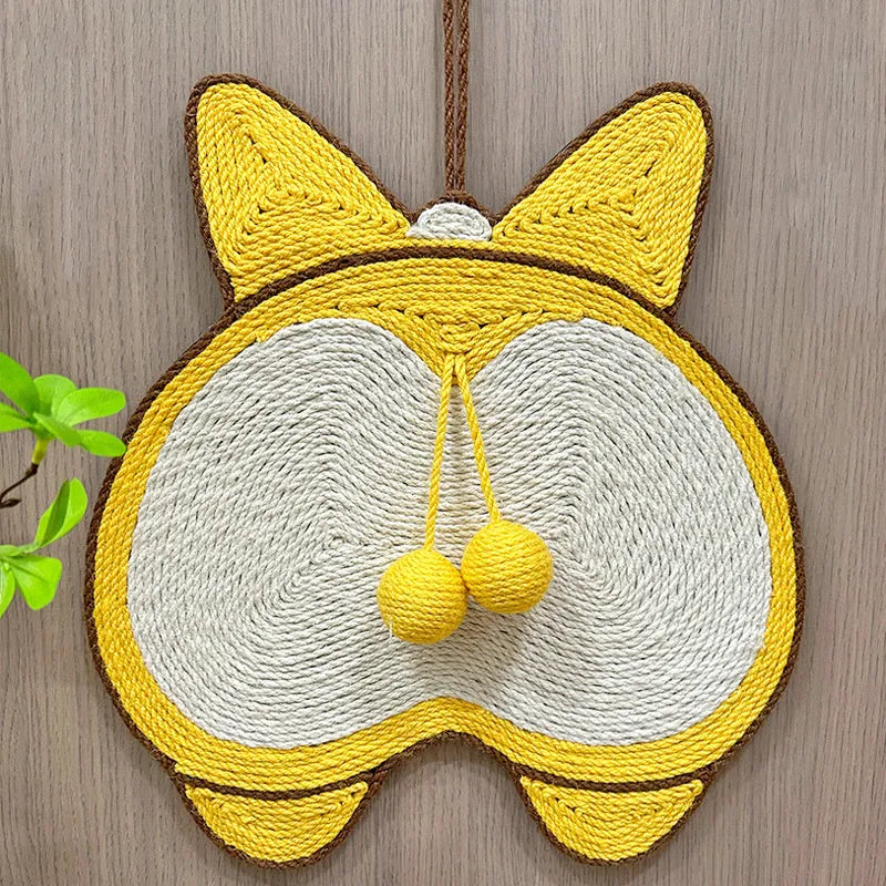 Yellow corgi-butt design sisal cat scratching pad with anti-slip base, shown with adhesive hooks.