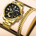 Gold men's business watch with stainless steel strap showing spiral crown and single folding buckle