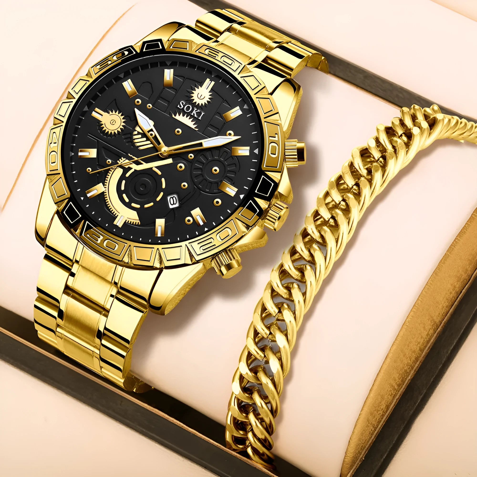 Gold men's business watch with stainless steel strap showing spiral crown and single folding buckle
