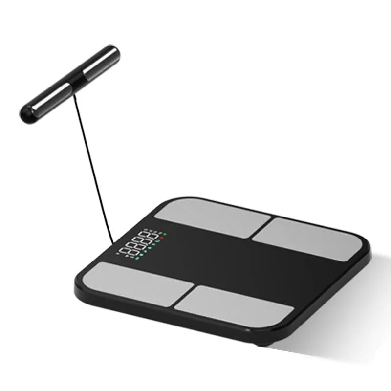 Black electronic bathroom scale with colour display on tempered glass platform for body composition analysis