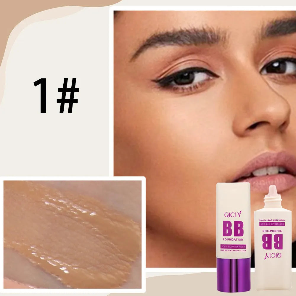 Feeding bottle of liquid foundation BB cream in one of ten available shades for brightening and concealing.