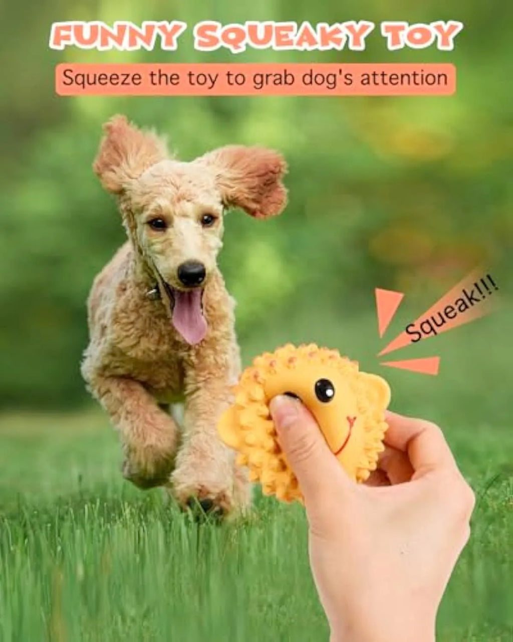 Orange and yellow spiky latex squeaky dog toys shaped like animals for teeth cleaning