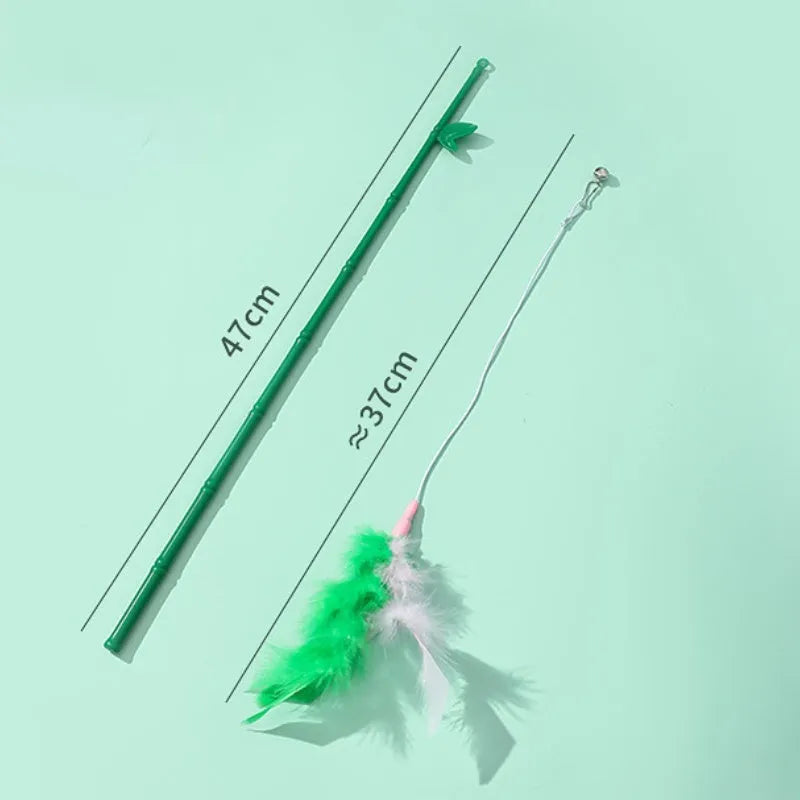 Green cat feather wand toy with bells and feathers on a durable wand with comfortable grip handle