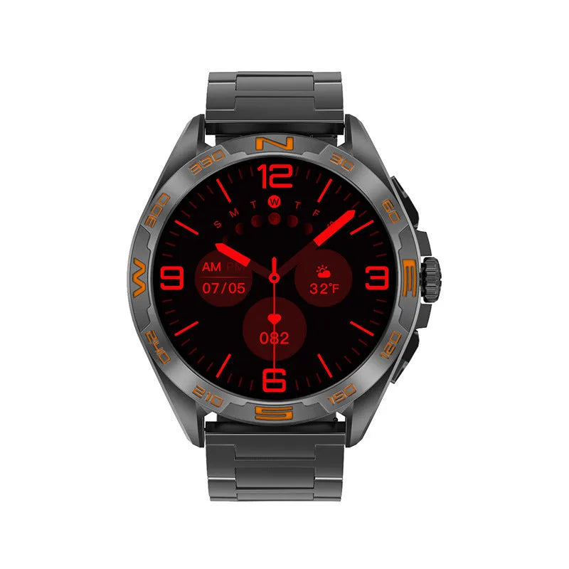 Smart watch with touchscreen display showing health metrics and WhatsApp interface