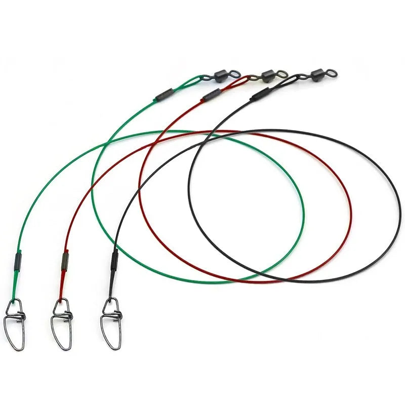 54cm steel wire fishing leaders with double buckle pins in green, black and red colours