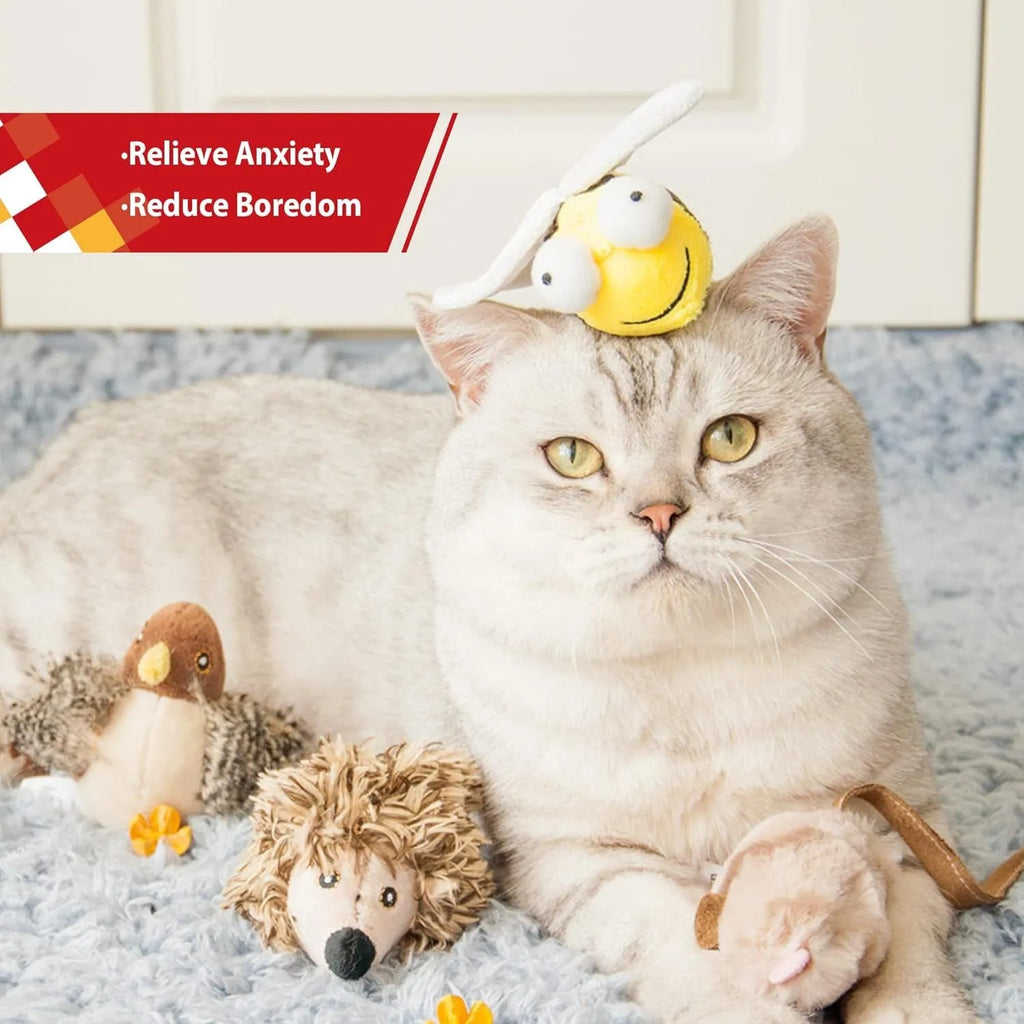 Yellow flannelette electronic bee-shaped cat toy with motion-activated squeaking functionality
