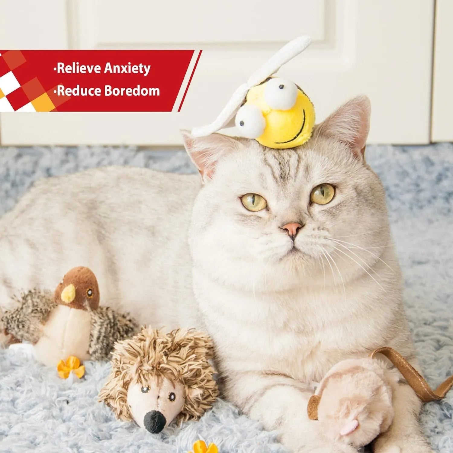 Yellow flannelette electronic bee-shaped cat toy with motion-activated squeaking functionality