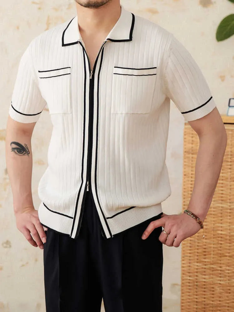 A black slim-fit lapel polo shirt with short sleeves, made from a thin knitted fabric.