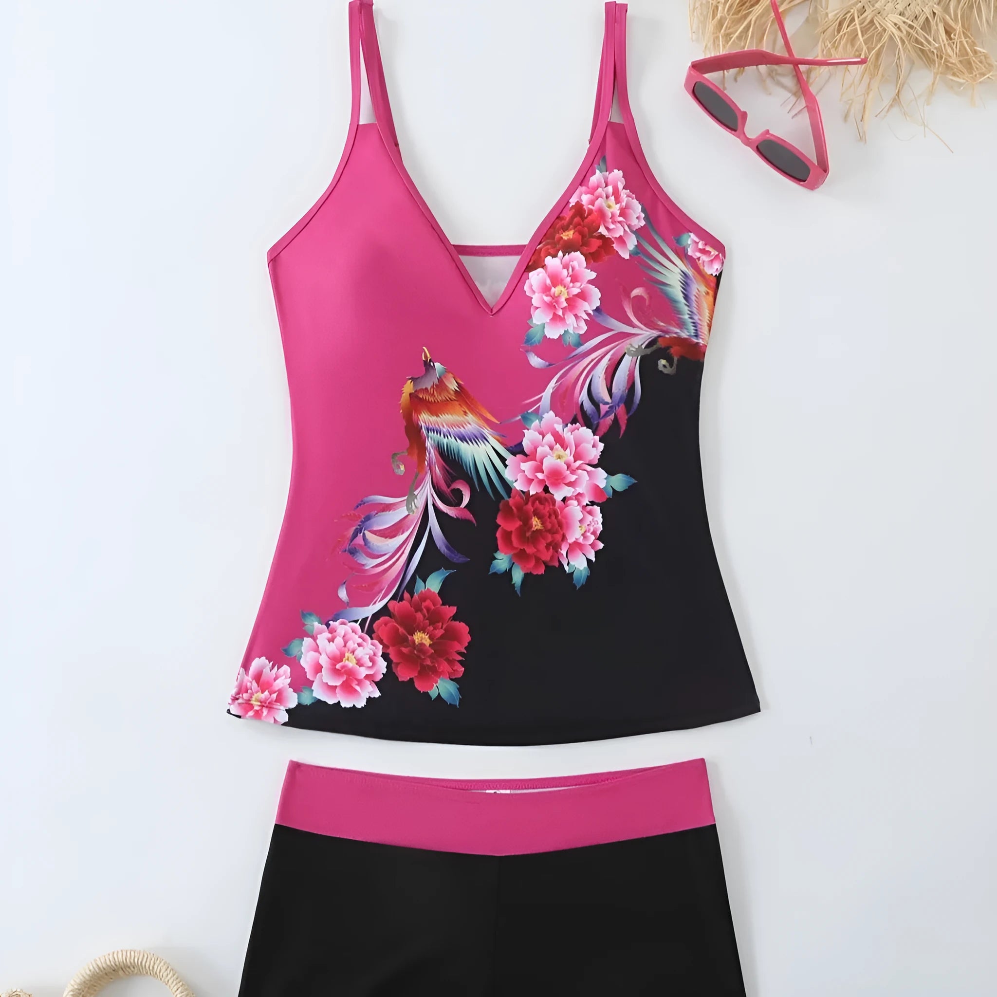 Women's plus size printed swimsuit suit in black or rose red with briefs-style design